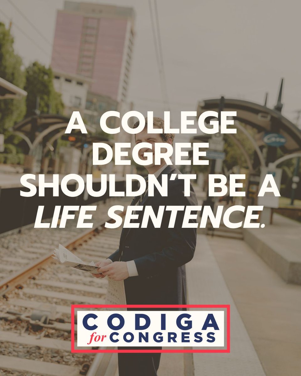 codiga's tweet photo. A college degree shouldn't come with a lifetime of debt.

End government-guaranteed student loans. Allow borrowers to declare bankruptcy under existing law.

A degree should create opportunity—not lifelong payments.

Do you agree? 👇

#StudentLoans #NC12 #USHouse https://t.co/cGpE2tZZlo