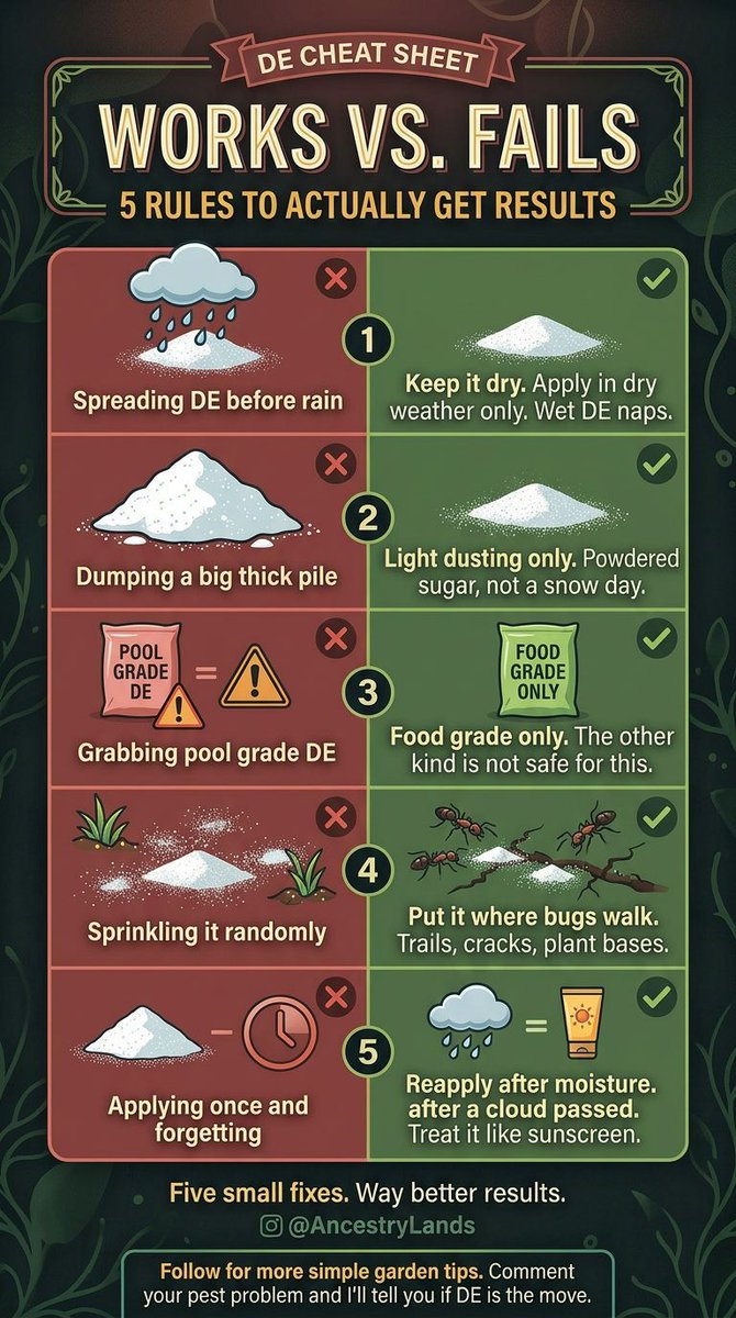 AncestryLands's tweet photo. Most people use diatomaceous earth wrong. Here's what actually works:
DE is a beginner-friendly, chemical-free pest solution - but small mistakes make it completely ineffective. Here's the quick breakdown of what to avoid and what to do instead:
❌ Applying before rain → ✅ Apply in dry conditions only. Moisture shuts it down.
❌ Dumping a thick pile → ✅ Use a light dusting. More is not better - thin and even wins.
❌ Buying pool grade → ✅ Food grade only. Pool grade is a different product and is not safe for garden use.
❌ Sprinkling randomly → ✅ Target where bugs actually walk - trails, cracks, and plant bases.
❌ Applying once and forgetting → ✅ Reapply after any rain or dew. Treat it like sunscreen.
Five simple fixes, dramatically better results. Follow for more no-nonsense beginner garden tips and drop a comment with your pest problem - I'll tell you if DE is the right move. 👇