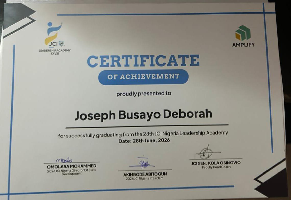 JCI_Kwara's tweet photo. She didn't just attend—she achieved. 🎓✨

Congratulations to Vice President Joseph Busayo Deborah on graduating from the JCI Nigeria Leadership Academy XXVIII and earning a Certificate of Achievement. https://t.co/lOlQnwN4ox