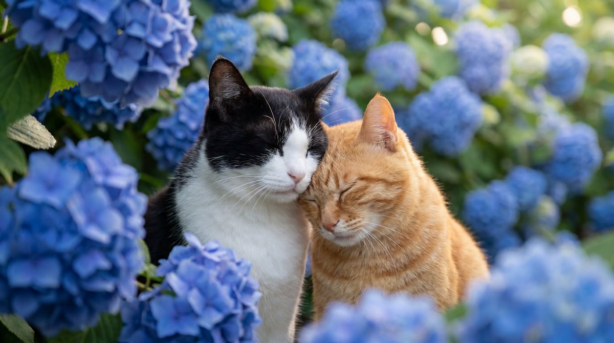 仲良し猫ちゃと紫陽花 紫陽花の季節もそろそろ終わりですかねぇ