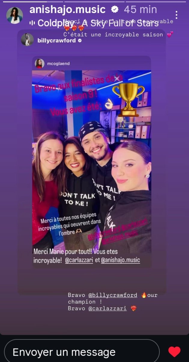 fabien_fichaux's tweet photo. Anisha Jo (dans sa story Insta mentionnant la story de billycrawford ) remercie à toute la team incroyable ❤️🔥❤️🔥❤️🔥 c'était une incroyable saison 💕 elle dit bravo billycrawford 🔥 our champion ! Bravo carlalazzari ❤️🔥 #AnishaJo #MaskSinger https://t.co/6nyDaJqC5I