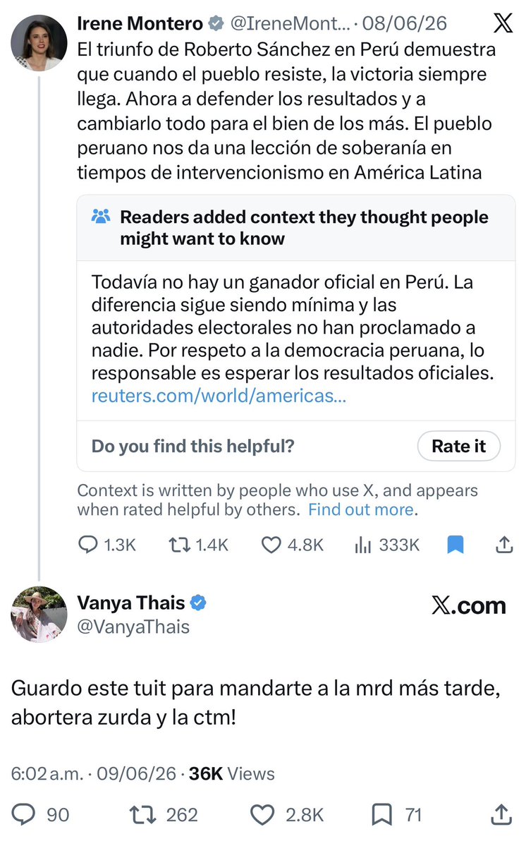 VanyaThais's tweet photo. Guardé este tuit tuyo, @IreneMontero para recordarte que cantar victoria antes de tiempo es una práctica muy común y estúpida de la izquierda recalcitrante, progresista y globalista, a la que perteneces.

Ahora sí, con el 100% de los resultados, te digo: ¡CIERRA EL HOCICO HIJA DE P*** Y MANTÉN TU NARIZ ROJA FUERA DE MI PAÍS!