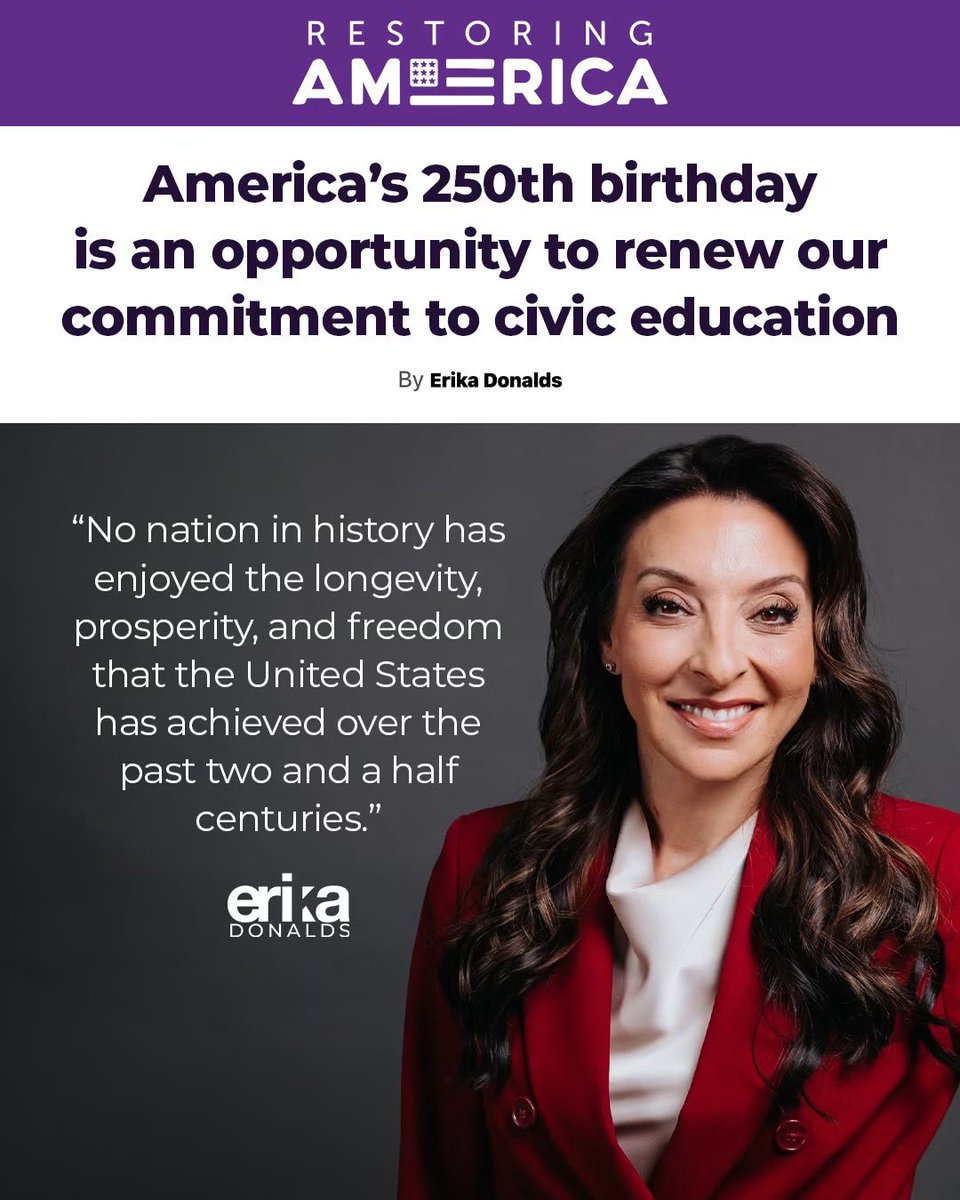 ErikaDonalds's tweet photo. America has led the world in liberty and prosperity for 250 years.

Today, civic pride is in decline, and knowledge of our founding principles is even LOWER.

My @dcexaminer op-ed makes the case for why civics education must be restored in EVERY classroom across America. https://t.co/tOaqsEcRnE