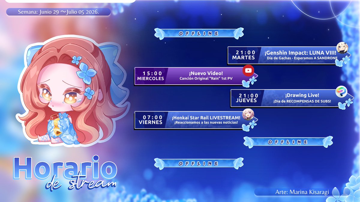 MarinaMusic_723's tweet photo. 🩵✨🪻 Marina Kisaragi 🪻✨🩵

【Horario semanal】
¡¡Una semana muy completa!! ¡No se pierdan las nuevas previas y los streams de esta semana!

・TAGS:・    
✨FanArt: #MaririnArt
✨Cover: #MarinaMusic_Play
✨Memes: #Marianamarinela

#VtuberES #utaite #HoYocreators https://t.co/w5GTfw4fzk