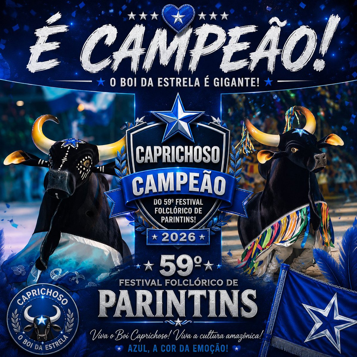 revistamp's tweet photo. 💙👑: Caprichoso é o atual campeã do Festival de Parintins 2026. https://t.co/DBmQnXT1vr
