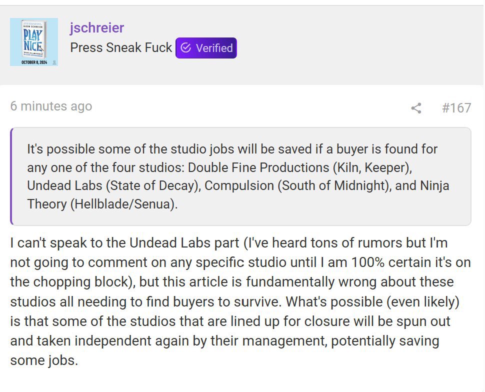 7asawiGamer's tweet photo. ⚠️| علق Jason Schreier على إشاعة إغلاق استوديو Undead Labs قائلاً بأنه لم يحصل على مايؤكد هذه الإشاعة، ولن يُعلق على إشاعة لاتملك دليلاً حقيقياً. سيُعلق فقط إذا حصل على تأكيد حولها مما يُشير إلى عدم صحة هذه الإشاعة حتى الآن وأنها ليست حقيقية.

أضاف كذلك أن الاستوديوهات التي سبق وكُشف عن مواجهتها خطر الإغلاق لن تُباع جميعها بل هنالك استوديوهات سيتم إغلاقها ثم سيتم تأسيس الفرق ذاتها من قِبل مدراء تلك الاستوديوهات لكي يكونوا مُستقلين من جديد.