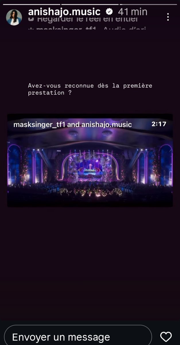 fabien_fichaux's tweet photo. Anisha Jo (dans sa story Insta repostant son reel et masksinger_tf1) l'aviez-vous reconnue dès sa première prestation ? #AnishaJo #MaskSinger https://t.co/Gy8oG9M5ux
