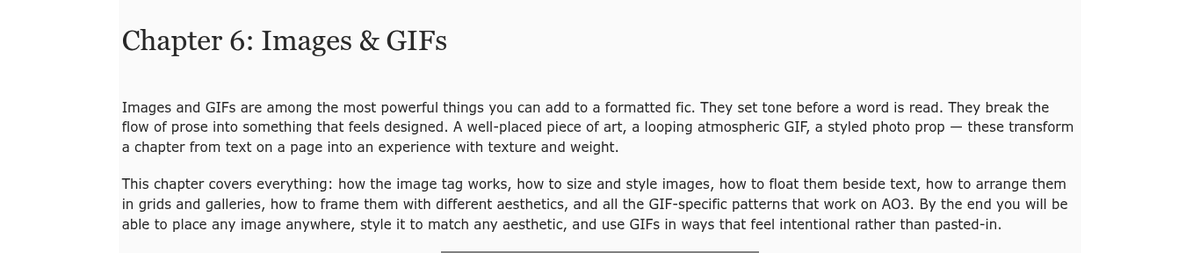 the_tamed_poet's tweet photo. Hey friends! I posted Chapter 6 of my beginner-friendly AO3 coding tutorial!

This one covers Images &amp; GIFs: how to embed, size, style, float them beside text, make galleries, and generally make your fic look gorgeous. Go check it out! <3

Link: https://t.co/MCyCXAM5u7 https://t.co/HcgPR3jolq