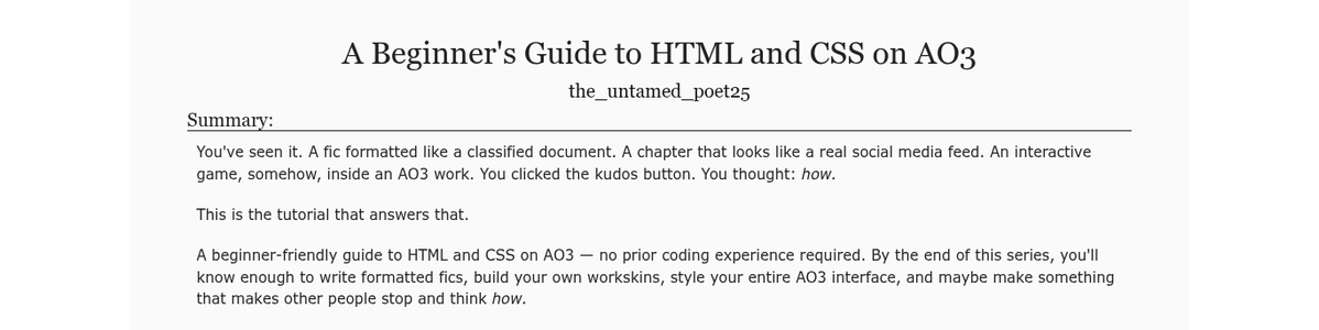 the_tamed_poet's tweet photo. Hey friends! I posted Chapter 6 of my beginner-friendly AO3 coding tutorial!

This one covers Images &amp; GIFs: how to embed, size, style, float them beside text, make galleries, and generally make your fic look gorgeous. Go check it out! <3

Link: https://t.co/MCyCXAM5u7 https://t.co/HcgPR3jolq