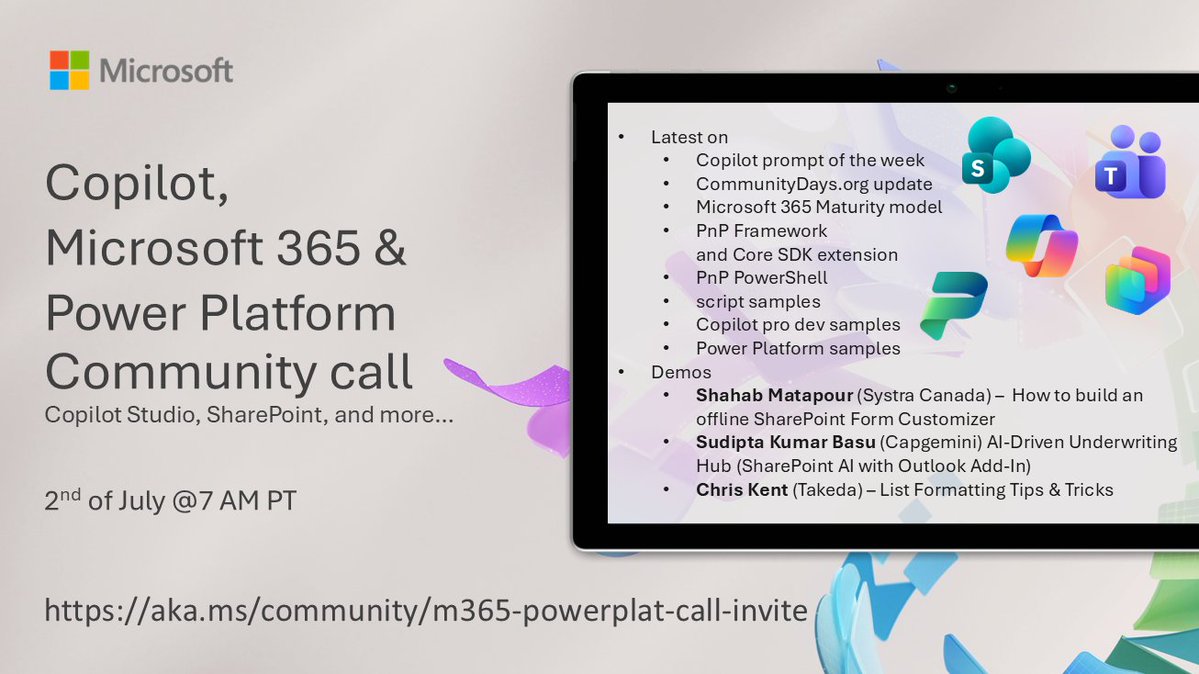 SharePoint's tweet photo. 📅 Agenda for the #Copilot, #Microsoft365 &amp; #PowerPlatform community call 2nd of July

• The latest updates ⚡
• Focus on #SharePoint, #PowerApps &amp; #CopilotStudio
• By Shahab Matapour, Sudipta Kumar Basu &amp; @thechriskent

+more! 🚀

👋 Join the call → https://t.co/z7V6dEB10a https://t.co/qqITJ9tbqG