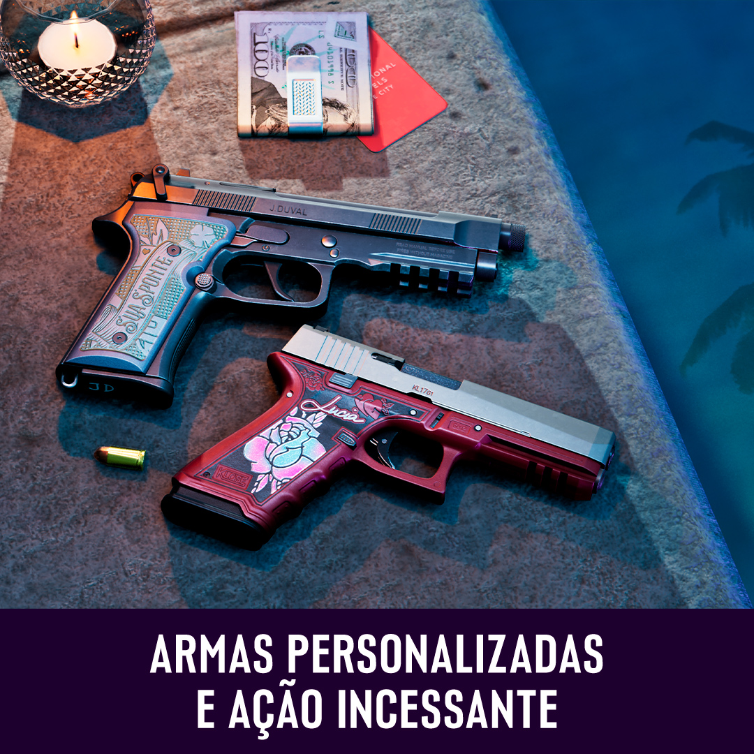 RockstarGames's tweet photo. Boas-vindas a Leonida, o estado onde vale tudo. Aproveite tudo que esse mundo imenso tem para oferecer com Grand Theft Auto VI: Ultimate Edition, uma coleção exclusiva de veículos, armas e roupas premium, além de ação incessante. Reserve agora no PlayStation 5.