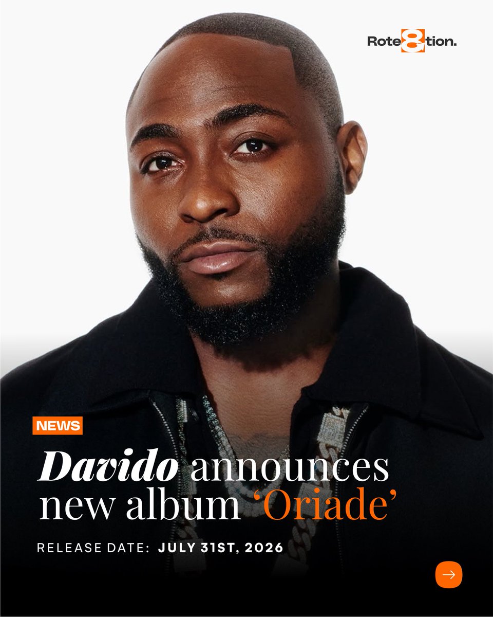 rote8tion's tweet photo. DAVIDO ANNOUNCES NEW ALBUM!🖤

Davido officially announces his 6th Studio Album titled “Oriadé” to mark his 15 year run in the Music Industry 🎉

Out 31st July

#music #albumrelease #davido #therote8tion https://t.co/pOQfiNE2wj