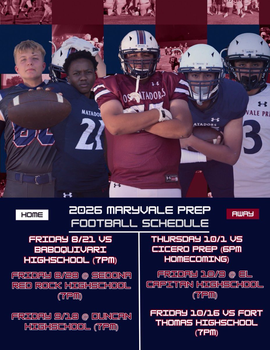 maryvale_prep's tweet photo. The 2026 Varsity Football season is right around the corner! Check out this year’s varsity schedule and count down the days until kick off on Friday 8/21 at home! https://t.co/TUZYf0bkib
