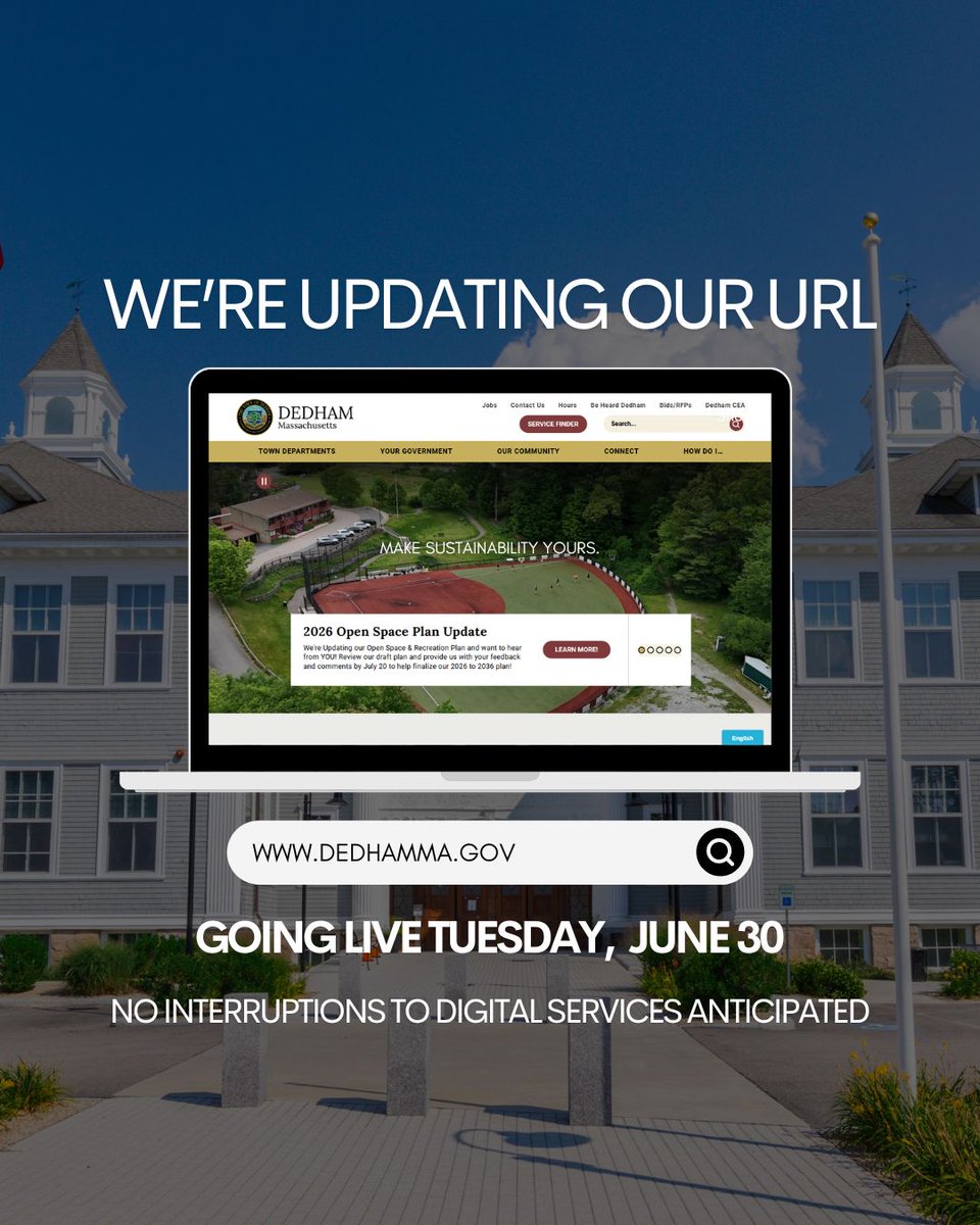 DedhamThrives's tweet photo. Heads up, Dedham! On Tuesday, June 30, our official Town website URL will change from https://t.co/yKoMxCPpMe to https://t.co/wYy1x9iGxL (no hyphen). We don’t expect service interruptions; both addresses will remain active during the transition, which begins around noon. https://t.co/4CkOnxTa4j