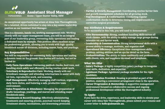 anz_news's tweet photo. ✋ Assistant Farm Manager.

An exceptional opportunity has arisen at @AlmaValeTB to step into a key senior leadership position as our Assistant Stud Manager. 🤝

✍️ @AlmaValeTB

Read more 👇 https://t.co/HAW3hv7NbX