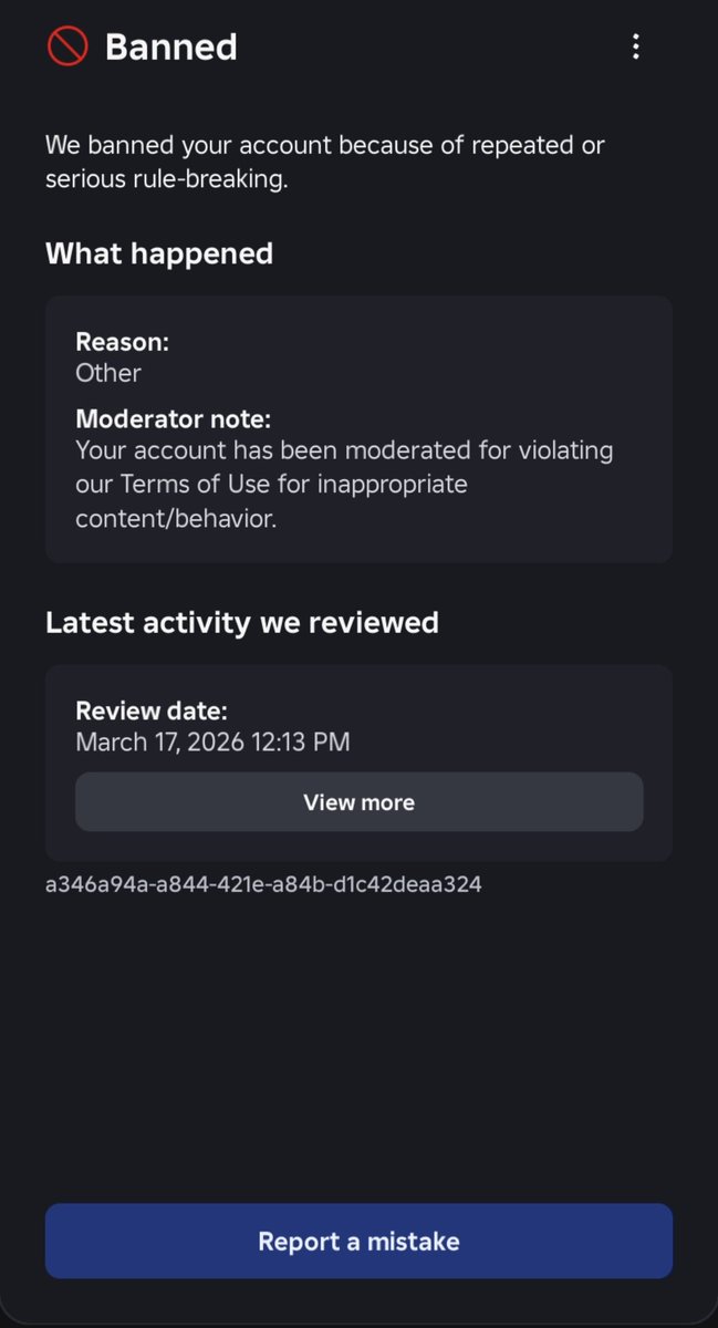 ItsJust_Aster's tweet photo. Dear Roblox,
My account, rotten_f0x was banned on march 17th for "Inappropriate content/behavior" but nothing was linked to the termination note. No evidence/violation linked. My most recent violation were a year ago. Unban my account (rotten_f0x) with a justified human review. https://t.co/OUji0R2xT6