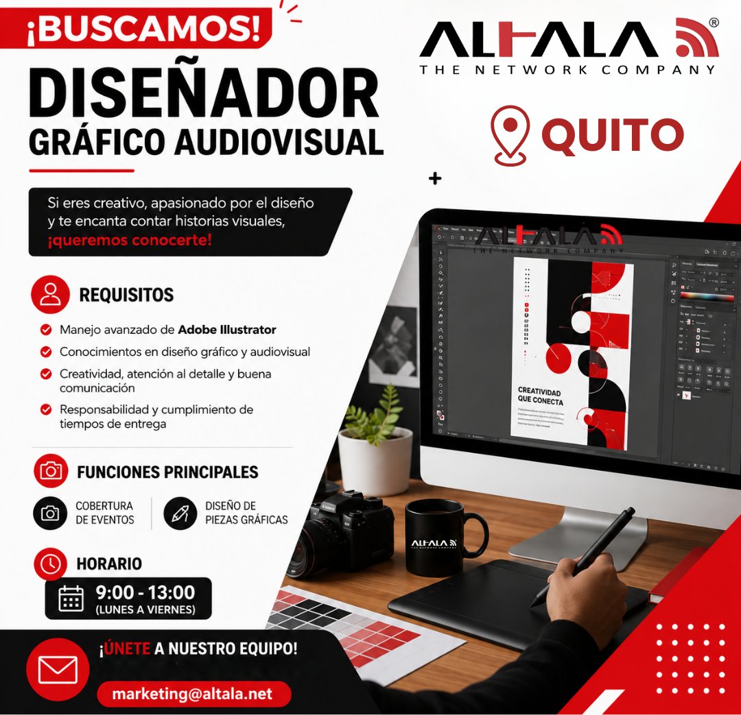 Altalasa's tweet photo. 🚨 ¡Buscamos un Diseñador Gráfico Audiovisual! 🎨

📍 Quito
🕘 Lun-Vie | 09:00 a 13:00
Si dominas Adobe Illustrator, eres creativo y te apasiona el diseño visual, ¡queremos conocerte!
📩 Envía tu CV a: marketing@altala.net

#Empleo #Quito #DiseñoGráfico #Vacante #ALTALA https://t.co/cgayH4txse