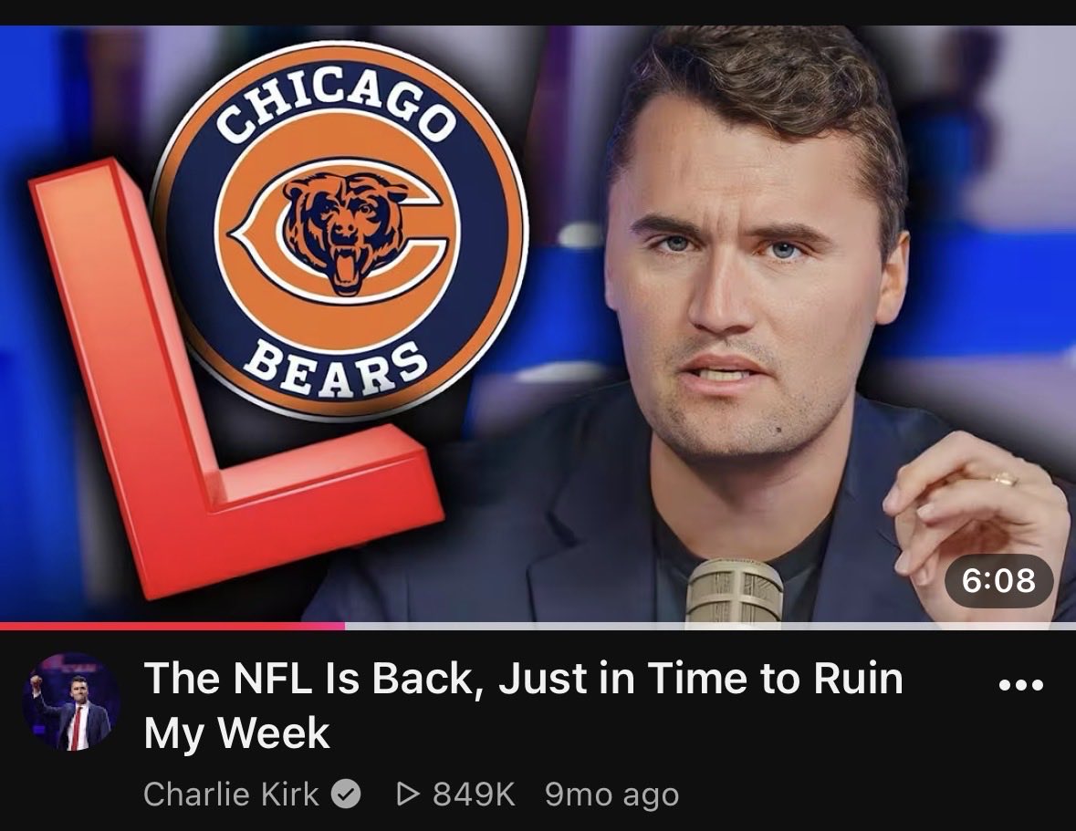 doulbedoink's tweet photo. It is crazy that charlie kirk died a bears fan thinking that Caleb williams was bad. His second to last ever video was about how mad he was at the bears for choking week 1. Never saw the packers comebacks never saw the kmet throw, he saw Nine dunk us and then got blasted https://t.co/7TOVfEH514