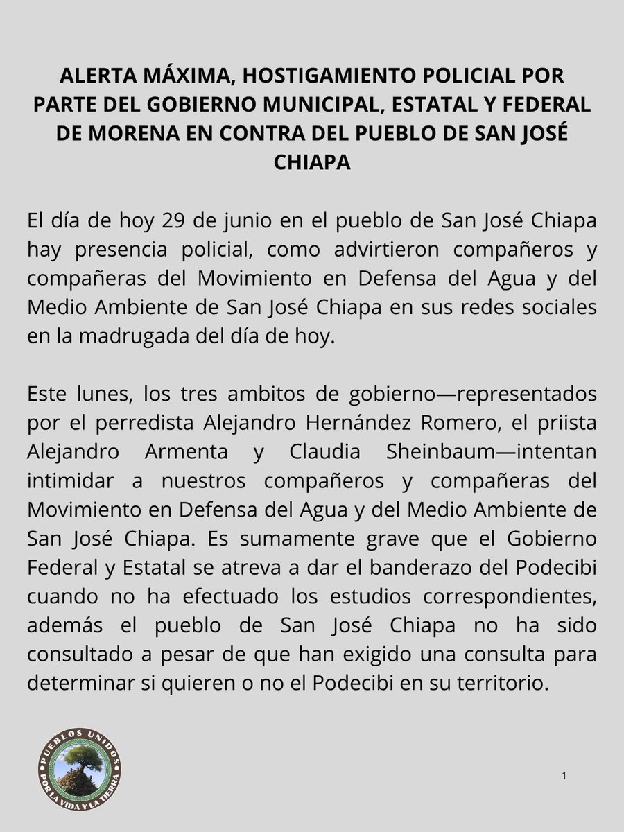 CNI_Mexico's tweet photo. ALERTA MÁXIMA. HOSTIGAMIENTO POLICIAL POR PARTE DEL GOBIERNO MUNICIPAL. ESTATAL Y FEDERAL DE MORENA EN CONTRA DEL PUEBLO DE SAN JOSE CHIAPA

https://t.co/XkV8VJqQuw https://t.co/NdjIDoY6iC