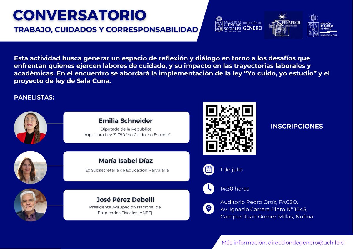 uchile's tweet photo. Este miércoles 1 de julio, Conversatorio "Trabajo, cuidados y corresponsabilidad" en el Auditorio Pedro Ortiz de @facsouchile. Más detalles en: https://t.co/FKN3j3FFQ8 https://t.co/WJzyvmPrZr