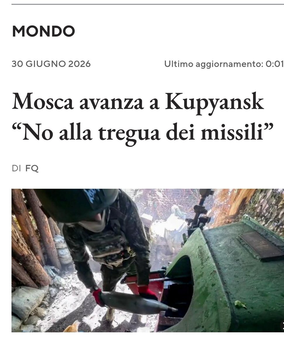 settime2588's tweet photo. Il Fatto Quotidiano:
13 dicembre 2025: Kupiansk è caduta
30 giugno 2026: russi avanzano a Kupiansk, Ucraina perde terreno.

Realtà ad oggi: russi sono a oltre 5 km da Kupiansk, più lontano di quanto fossero a dicembre 2025.

I 4 mattacchioni del Fatto ripetono le parole di Putin che ieri ha detto che i suoi uomini si sarebbero "avvicinati a Kupiansk" dimenticandosi di avere già detto varie volte che la avevano conquistata.