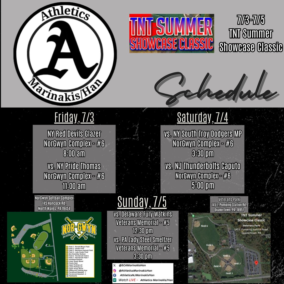 SCAMarinakisHan's tweet photo. We are at the @TNTTournaments Summer Showcase Classic this weekend! 👀

@TAProfileAPP @DirectRecruits @SBRRetweets @CoastRecruitsSB @AthMarinakis 

#AthleticsNJMarinakisHan #AthleticsNJ #fastpitchsoftball #softball #BeBetterThanYouWereYesterday https://t.co/CtVXvmjPHr