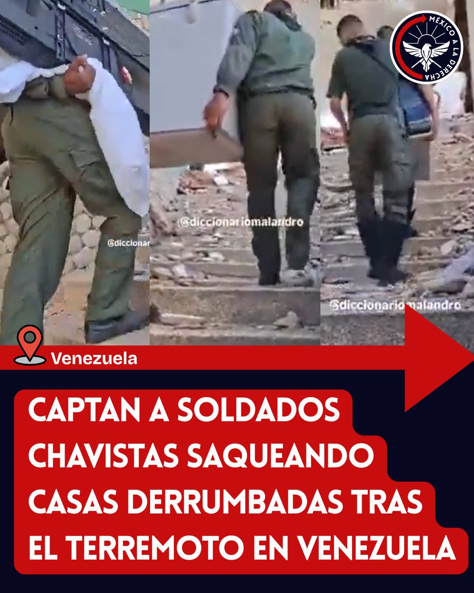 MexicoalDerecha's tweet photo. 🚨🚨🚨CAPTAN A SOLDADOS CHAVISTAS SAQUEANDO CASAS DERRUMBADAS TRAS EL TERREMOTO EN VENEZUELA
👇👇👇

Miserables.

Ciudadanos de La Guaira documentaron a soldados chavistas saqueando las casas derrumbadas por el mortal terremoto en Venezuela.

Desde pantallas y televisores hasta refrigeradores y electromésticos, los militares se llevan todo, menos a los heridos.

Mientras los rescatistas denuncian que el Estado no permite la entrega de ayuda total, estos desgraciados tienen licencia para robar impunemente, demostrando que en medio de una tragedia humanitaria, sí se puede ser más miserable....