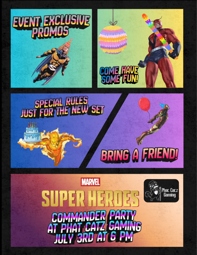 PhatCatzGaming's tweet photo. Hey folks!
Join us for our second Marvel Super Heroes Commander Party on July 3rd at 6 PM!
Who are you bringing to save the multiverse?
#PhatCatzGaming #MTG #MagicTheGathering #CommanderParty #MarvelSuperHeroes #MTGMarvel #Commander #WPN https://t.co/rfmks5lVYM
