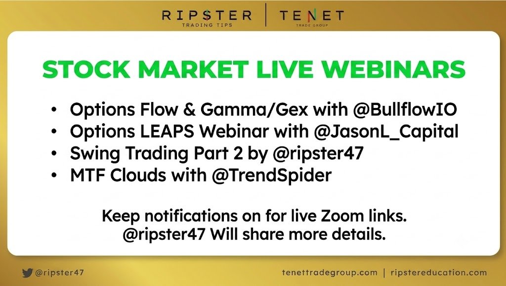TENETTRADEGROUP's tweet photo. 🚨  Lineup of Upcoming Free Webinars: 

> Options Flow &amp; Gamma/Gex with @BullflowIO 
> Options Leaps Webinar with @JasonL_Capital 
> Swing Trading Part 2 by @ripster47 
> MTF Clouds with @TrendSpider 
> Growth Investing with @tenet_research 
 
Keep Notifications on https://t.co/mKUNhyhQ8s