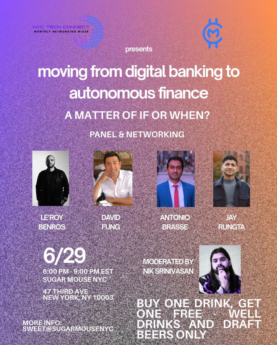 eric_kouassi's tweet photo. I’m at NYC Tech Connect tonight, learning about the future of finance—from digital banking to autonomous finance.
Looking forward to hearing insights, meeting fellow builders, and exploring what’s next in fintech. 🚀💳
#NYCTech #FinTech #AI #Networking #TechEvents https://t.co/vmntpw4bjB