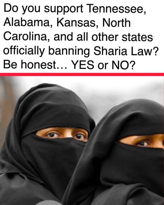 AntiWokeMemes's tweet photo. Banning Sharia Law is happening in many US states.

Do you support this ?? https://t.co/lBBjzJppca