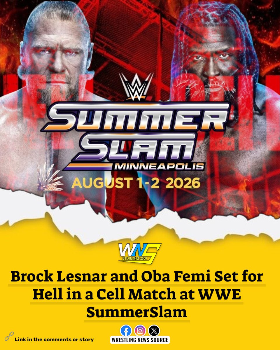 WNSource's tweet photo. SummerSlam just got even bigger! 🔥 Brock Lesnar and Oba Femi will step inside Hell in a Cell after an explosive Raw confrontation. Who are you backing to survive the brutal encounter? 👇
Read more @ WNS: https://t.co/K2H2jy2pPD #WWRaw https://t.co/uFX0ZPpiiX