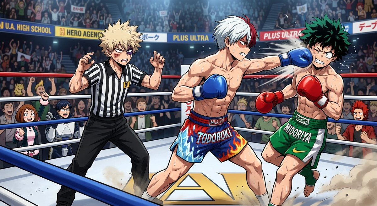 Bili4519's tweet photo. Shoto Todoroki vs Izuku Midoriya Fight (3) 🥊

The follow of this epic, spectacular match (Bakugo - still badly beaten from his own fight vs Deku - referees)

#bokunoheroacademia https://t.co/2dCw86tSuN