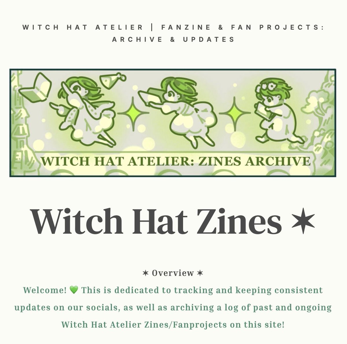 WitchHatZines's tweet photo. 💫Welcome to the Witch Hat Atelier Zine Archive~! 💚

✶ Stay up-to-date on all the projects happening in the WHA community!

✶ View free copies &amp; a record of past fanprojects!

💚👀https://t.co/dn7R7MCYsM https://t.co/paiNkKu20b