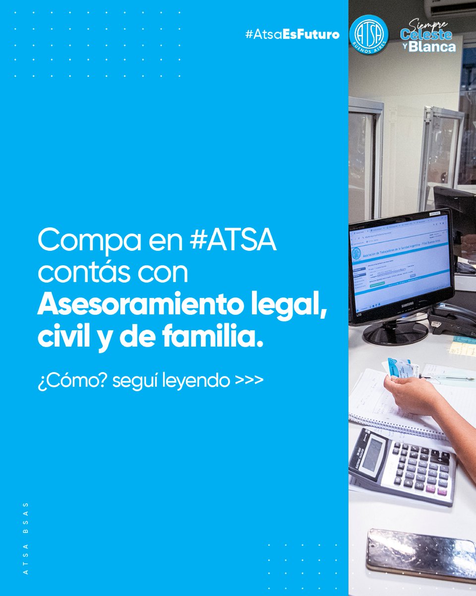 AtsaBsAs's tweet photo. 💙 Compa, cuando lo necesites, por ser afiliadx a #ATSA contás con un servicio gratuito de asesoramiento en derecho civil y de familia. ⚖️

📍 Acercate a Saavedra 166. La Dra. Donamaría atiende los martes y jueves, de 14.30 a 18 hs.

Te acompañamos en lo que sea. 💪💙 https://t.co/EVLdP3G0iO