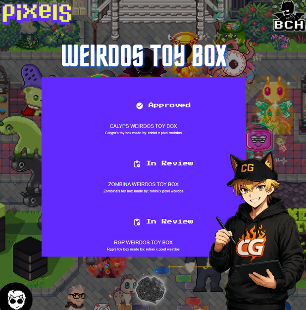 Mcghosh2's tweet photo. Hello guys! 👋

You already know I'm making Weirdos NFT Toy Boxes

I'm happy to share that I got my first 3 orders!🎉

✅1 UGC is already approved
⏳2 UGC are waiting for approval

Thank you so much @Efe_Calyps @zombinaaaaa &amp; @RGAxie for your orders and support❤️

#PixelsCreator https://t.co/A4EIuGupVg