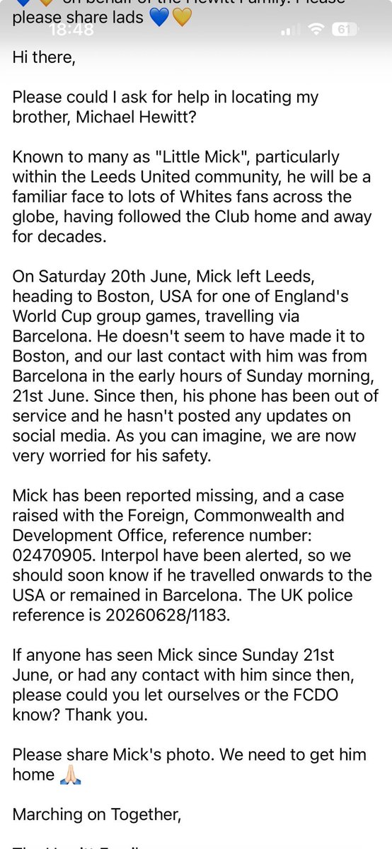 DebsHLUFC's tweet photo. Any Leeds fans in America or any other fans over there for the football, please share and keep an eye out for Michael Hewitt, family concerned, he’s not been in touch since Saturday, #lufc #worldcup https://t.co/IuJeBKgKuq