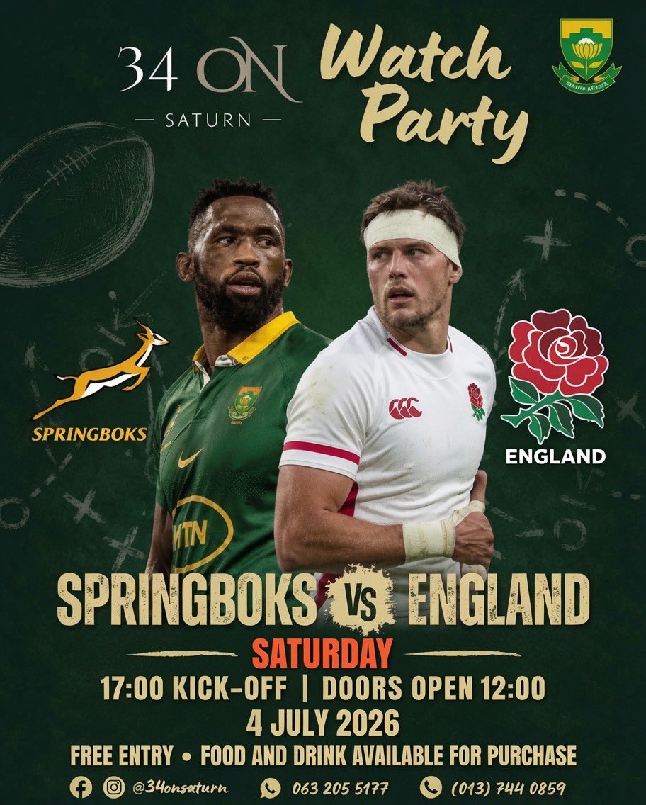 oupapilane's tweet photo. 🇿🇦 SPRINGBOKS VS ENGLAND 🔥
This Saturday, 4 July 2026 — the mighty Springboks take on England in what promises to be an absolute blockbuster!
📍 34 on Saturn Watch Party
🕒 Kick-off: 17:00 (Doors open at 12:00)
🎟 Free Entry https://t.co/HBV233iTIU