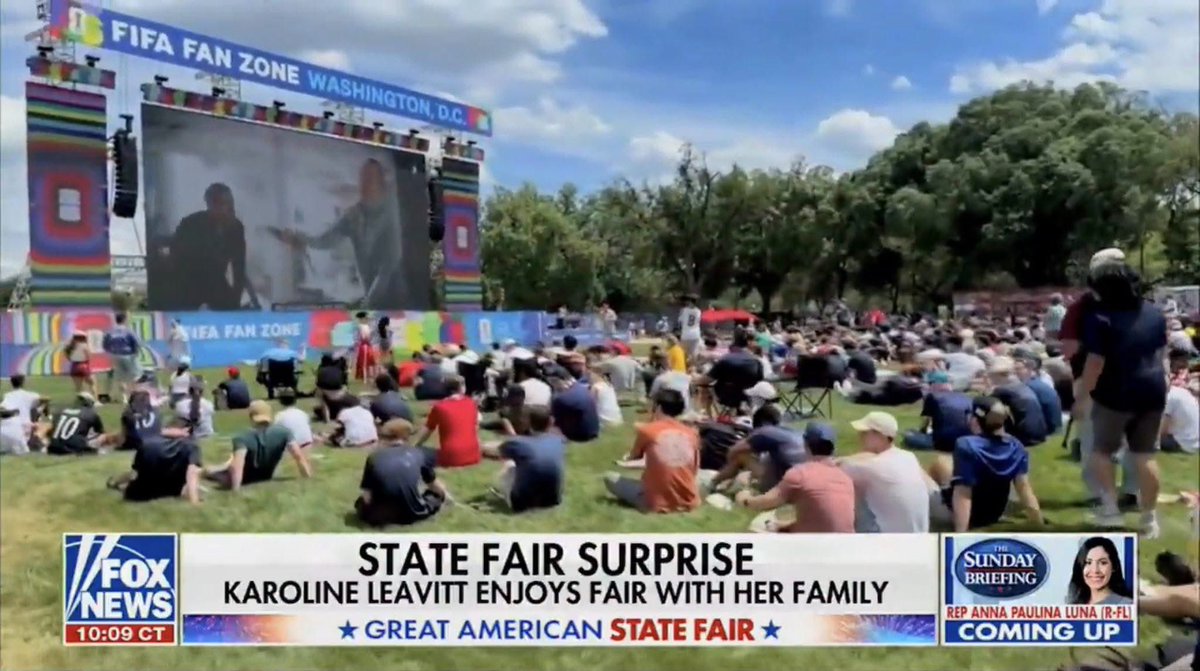 Gianl1974's tweet photo. BREAKING: HAHAHAHA! Fox News gets busted using footage of World Cup fans and pretending that it’s the crowd for Trump’s disastrous Great Fair of America that NOBODY went to!

This is beyond pathetic…

In a desperate attempt to gaslight the American people into thinking Donald Trump’s big event was more successful than it actually was, Fox News showed footage of people sitting with the caption STATE FAIR SURPRISE.

But a cursory examination makes it immediately clear that this is NOT Trump’s 250th anniversary fair – this is a FIFA World Cup fan zone held elsewhere in Washington, D.C. 

It says so right on top of the screen. 

We can’t say we’re surprised, but this is really a new low for Fox News. Anything to help protect poor Donnie’s widdle ego, right?