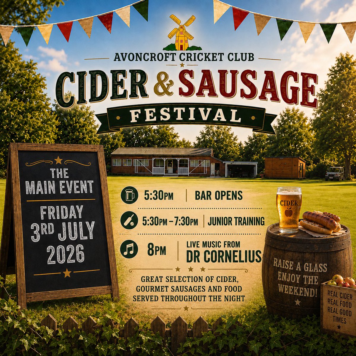 CroftCricket's tweet photo. Join us for the main event on Friday from 5:30pm.
🏏 Junior training night
🍎 A selection of guest ciders in addition to the main bar options 
🌭 Gourmet sausages as well as BBQ and samosas
🎵 Live music from Dr Cornelius 

We look forward to seeing you all there! https://t.co/Z31zc1YRmC