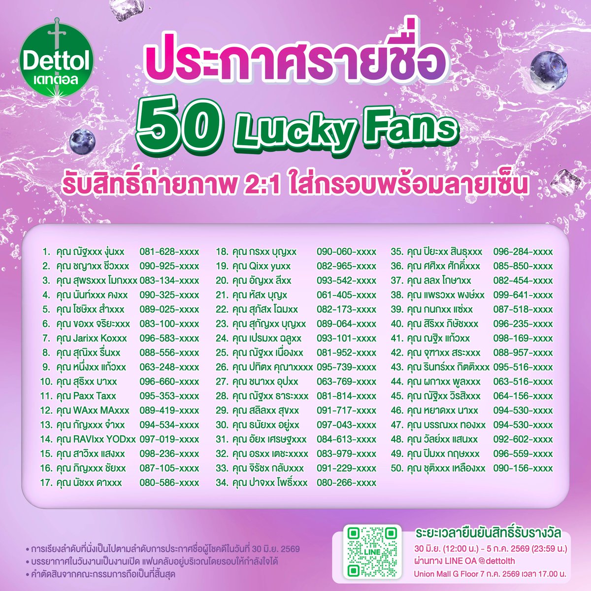 DettolThailand's tweet photo. 📢 ประกาศรายชื่อผู้โชคดีจากกิจกรรม
DETTOL LOVE BERRY MUCH 🫐✨
with ตี๋ตี๋ &amp; ป๋อ 💖
 
ขอแสดงความยินดีกับผู้โชคดีทุกท่าน
ตรวจสอบรายชื่อได้เลย 👇
 
ปักหมุดมาเจอกัน!
📍 Union Mall G Floor 17:00 น.
 
#DettolxTeeteePor
#DettolThailand #Dettol https://t.co/mifE3eVevC