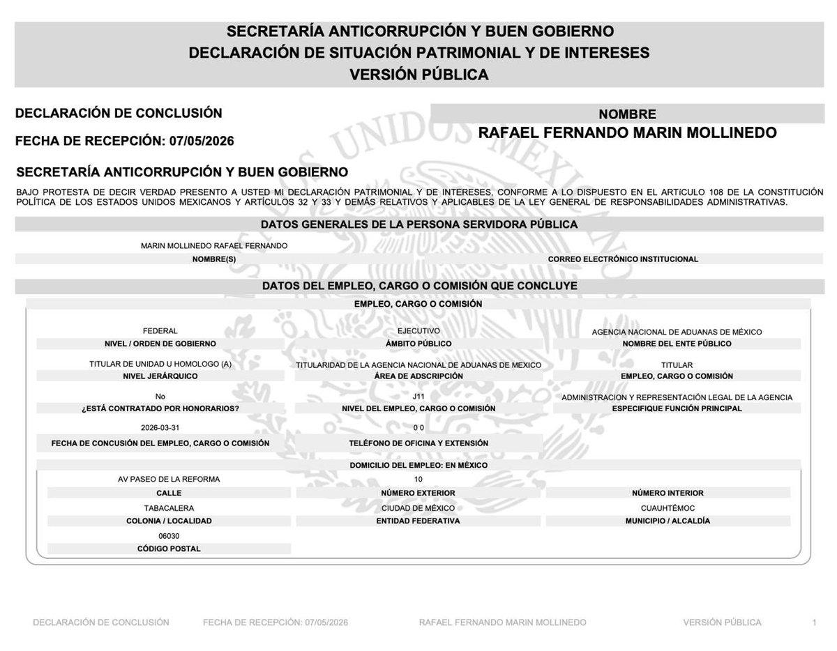 jorgegogdl's tweet photo. Rafael Marín Mollinedo ex titular de aduanas reportó que ganó 21 millones de pesos el año pasado además reporta 5 propiedades incluidos 2 departamentos de lujo. Curiosamente en su dependencia se robaron 600 mil millones.🧵 https://t.co/oyP9rs48oX