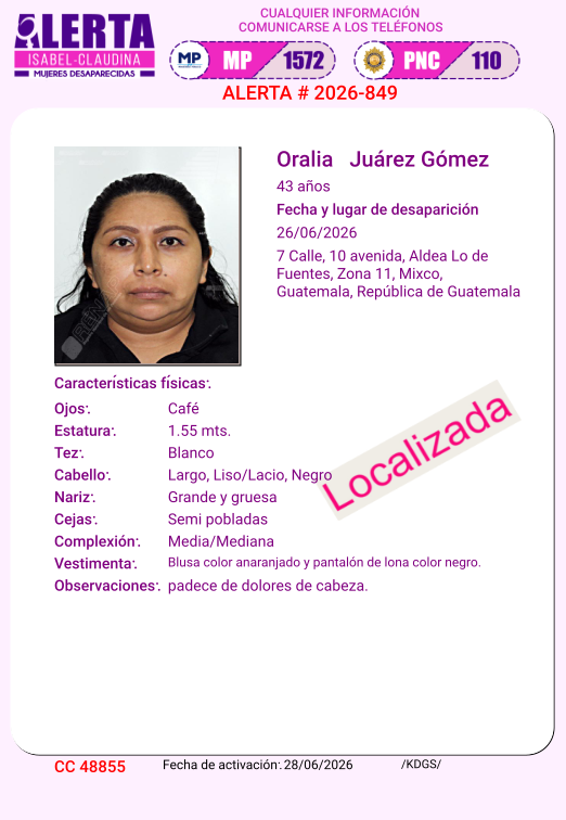 isabel_claudina's tweet photo. #AlertaIsabelClaudina
 📣 Localizada❗
Oralia Juarez Gomez
Ha sido localizada 📌
Agradecemos haber compartido la información 👌🏼 https://t.co/ha0xxWlczB