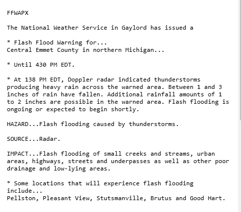 Jasamsdestiny's tweet photo. #FlashFloodWarning
Flash Flood Warning for... Central #EmmetCounty in N. #Michigan til 4:30 EDT. At 1:38 radar indicated thunderstorms producing heavy rain across the warned area. Btwn 1 & 3" of rain has fallen. Additional rain of 1 to 2" are possible in the warned area. https://t.co/WT0XLtbYkd