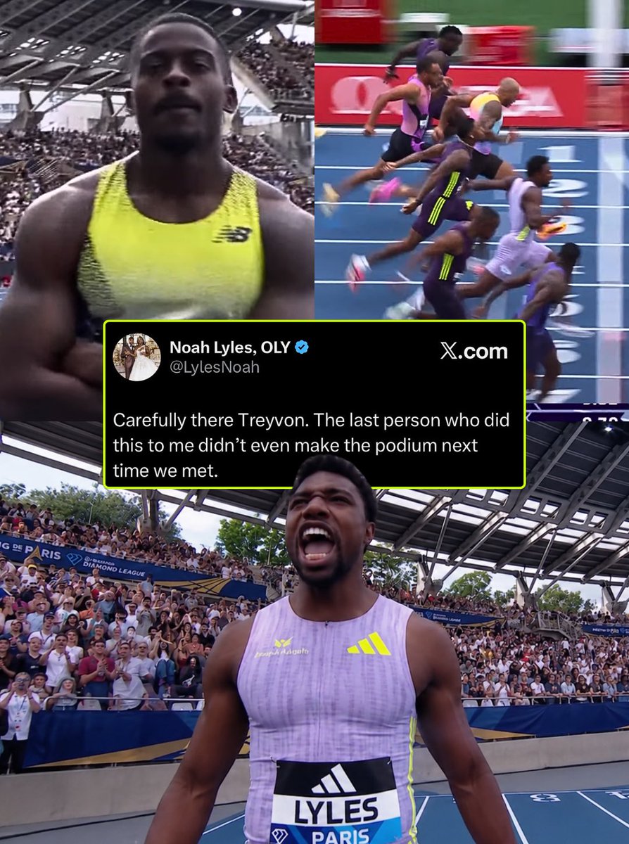 jumpers_world's tweet photo. Noah Lyles 🇺🇸 sends a message on X after Trayvon Bromell claimed victory over him at #ParisDL in 9.91s. https://t.co/4AEu4LZc1A
