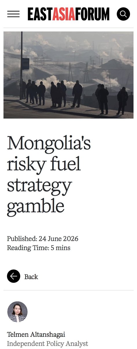 TheTelmenA's tweet photo. Pleased to share my latest piece, published in @east_asia_forum last week. Read here: https://t.co/gF9amQjAxE

#Mongolia #EnergySecurity #EnergyPolicy #CentralAsia #EastAsia https://t.co/8GTAUgCNdt