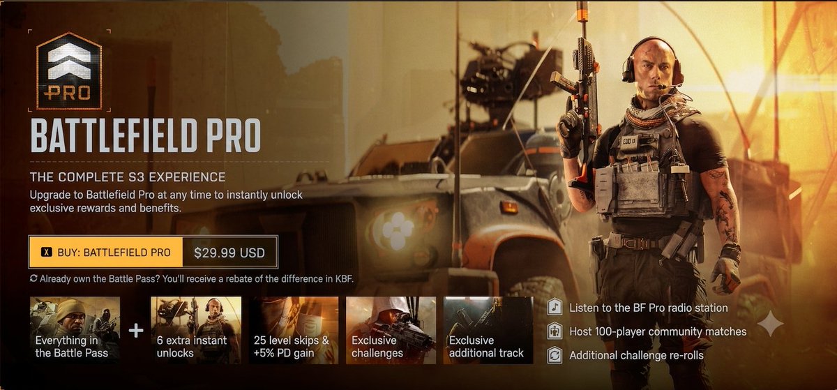 BF6_Central's tweet photo. ⏳ BATTLEFIELD PRO – LAST CHANCE! ⏳

Season 3 is wrapping up! Only a few days left to upgrade to Battlefield Pro and secure your exclusive rewards before they're gone:

⚡ 25 Tier Skips (+5% XP) 🎯 Pro Challenges 👥 Host 100-Player Matches
#Battlefield6 #BF6 https://t.co/TQo8xrX4TW