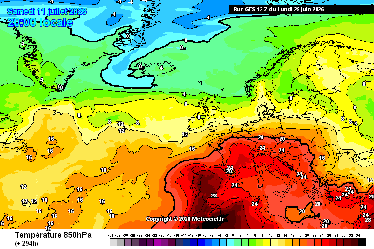 globerourdiales's tweet photo. GFS determinista 12Z: Los mapas de temperatura a 850 hpa para el 4/5 julio es probable que se cumplan. Son mapas propios de un 'episodio de calor muy serio'...pero los mapas que adjunto para el 11/12 julio (plazos de ciencia ficción) son una locura y ESPERO QUE NUNCA SE CUMPLAN https://t.co/a8D6vqRmWc