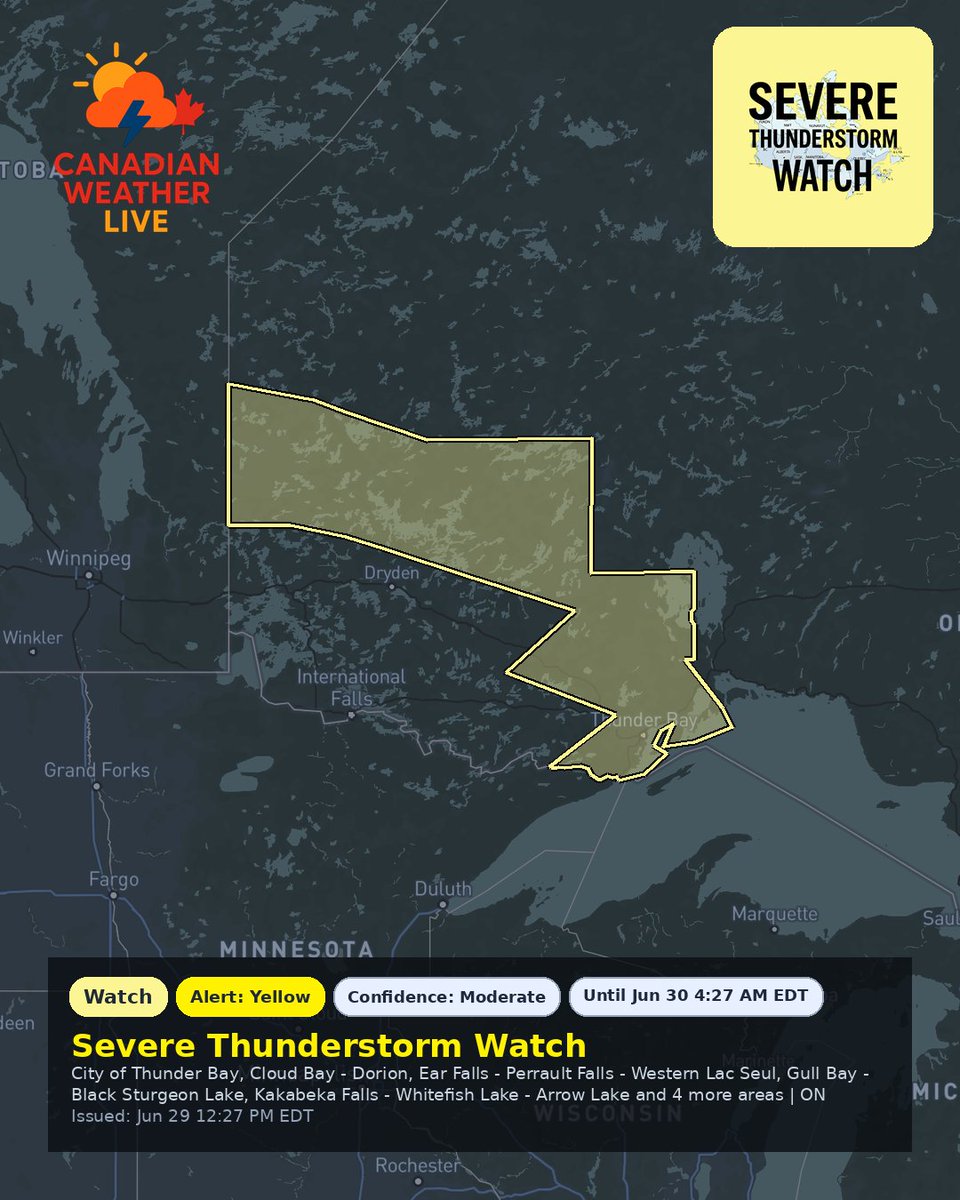 CanadianWXLive's tweet photo. Severe Thunderstorm Watch - ON

Severe thunderstorms are expected to move over the area through the evening or overnight. Wind &amp; hail are the main threats. There is also a risk of local rainfall of 50-75 mm.

https://t.co/gEV1HhMOly

#ONwx #ONstorm https://t.co/dWzotr5ozQ