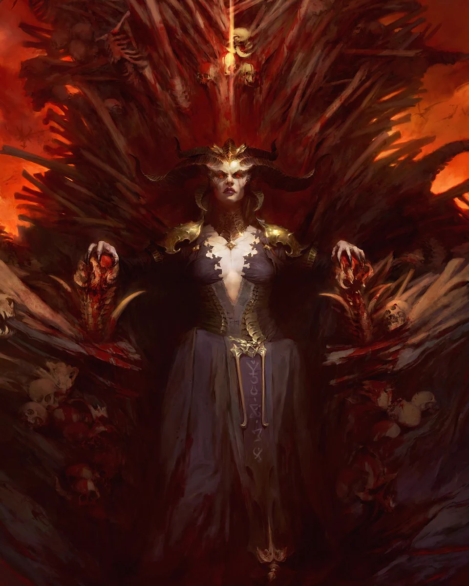 Detailed illustration of Diablo IV’s Lilith sitting on a throne of human bones. Her red eyes stare forward, her massive horns framing a face fixed in a sneer. She’s imposing, yet captivating.
